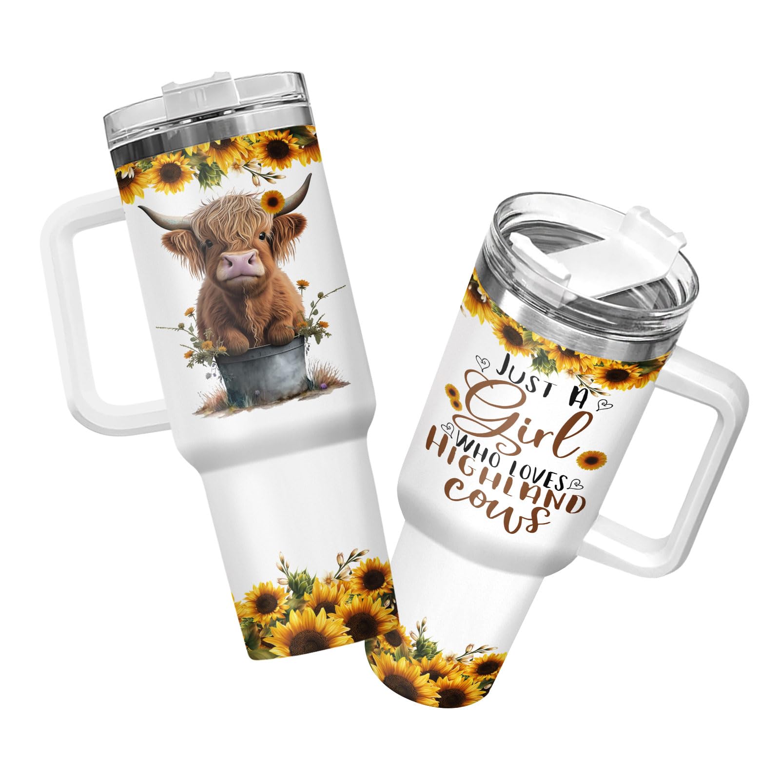 34HD cute baby Highland cow tumbler with handle and straw for easy sipping.