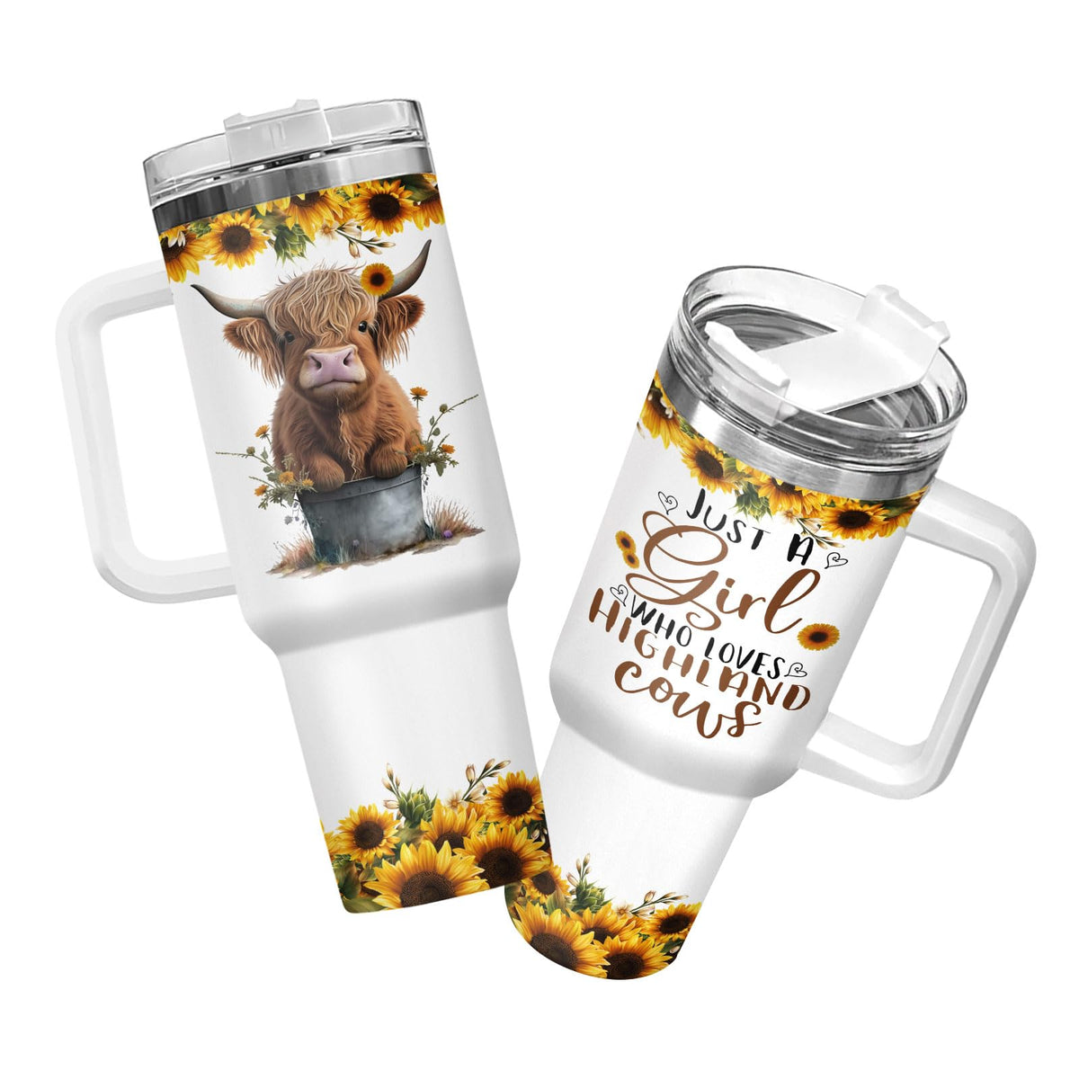 34HD cute baby Highland cow tumbler with handle and straw for easy sipping.
