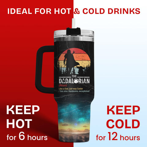 34HD Dadalorian tumbler with double-wall insulation keeps drinks hot or cold