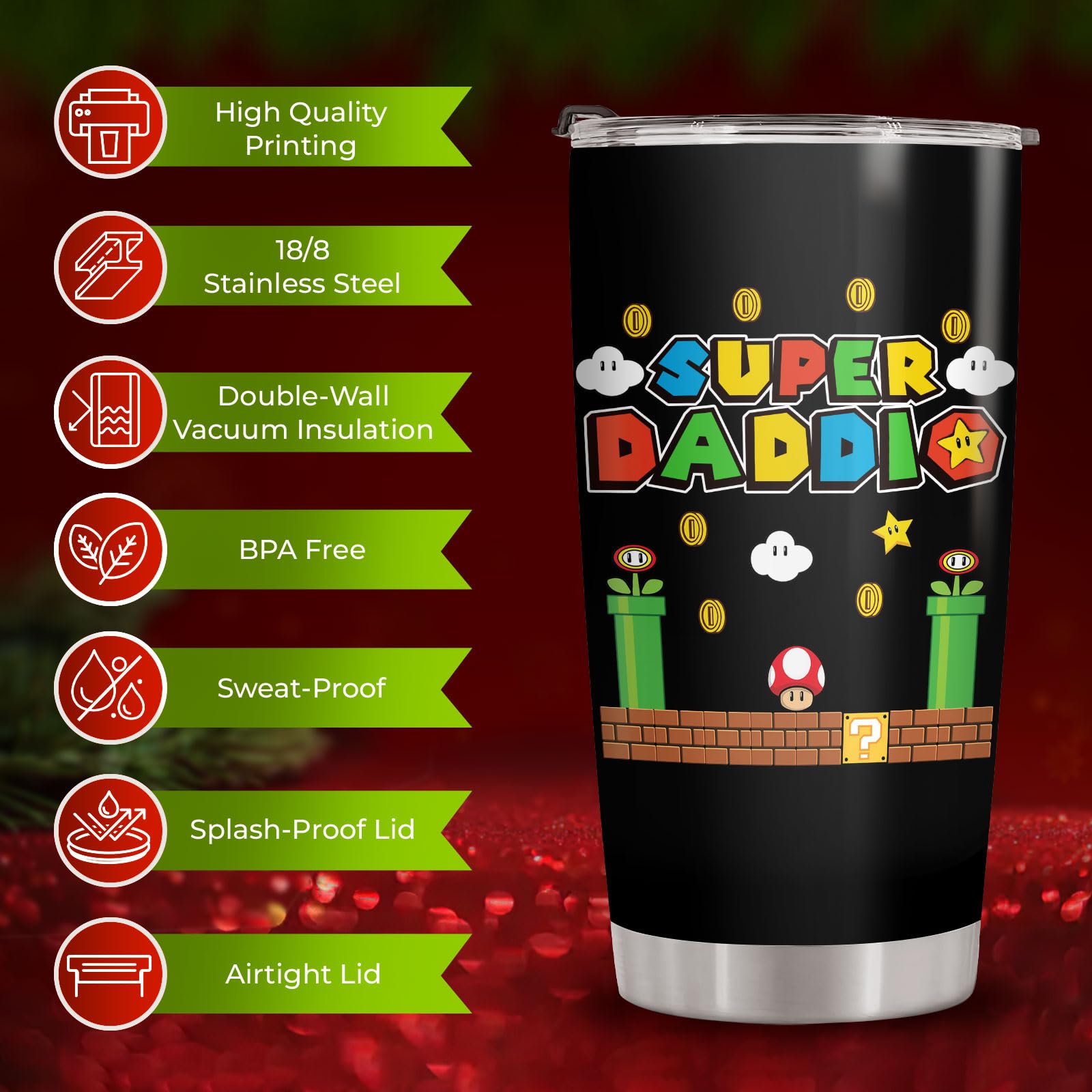 34HD Daddio tumbler fits car cup holders, convenient travel.