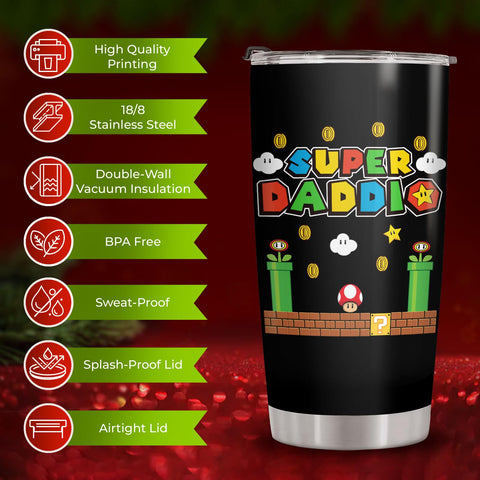 34HD Daddio tumbler fits car cup holders, convenient travel.
