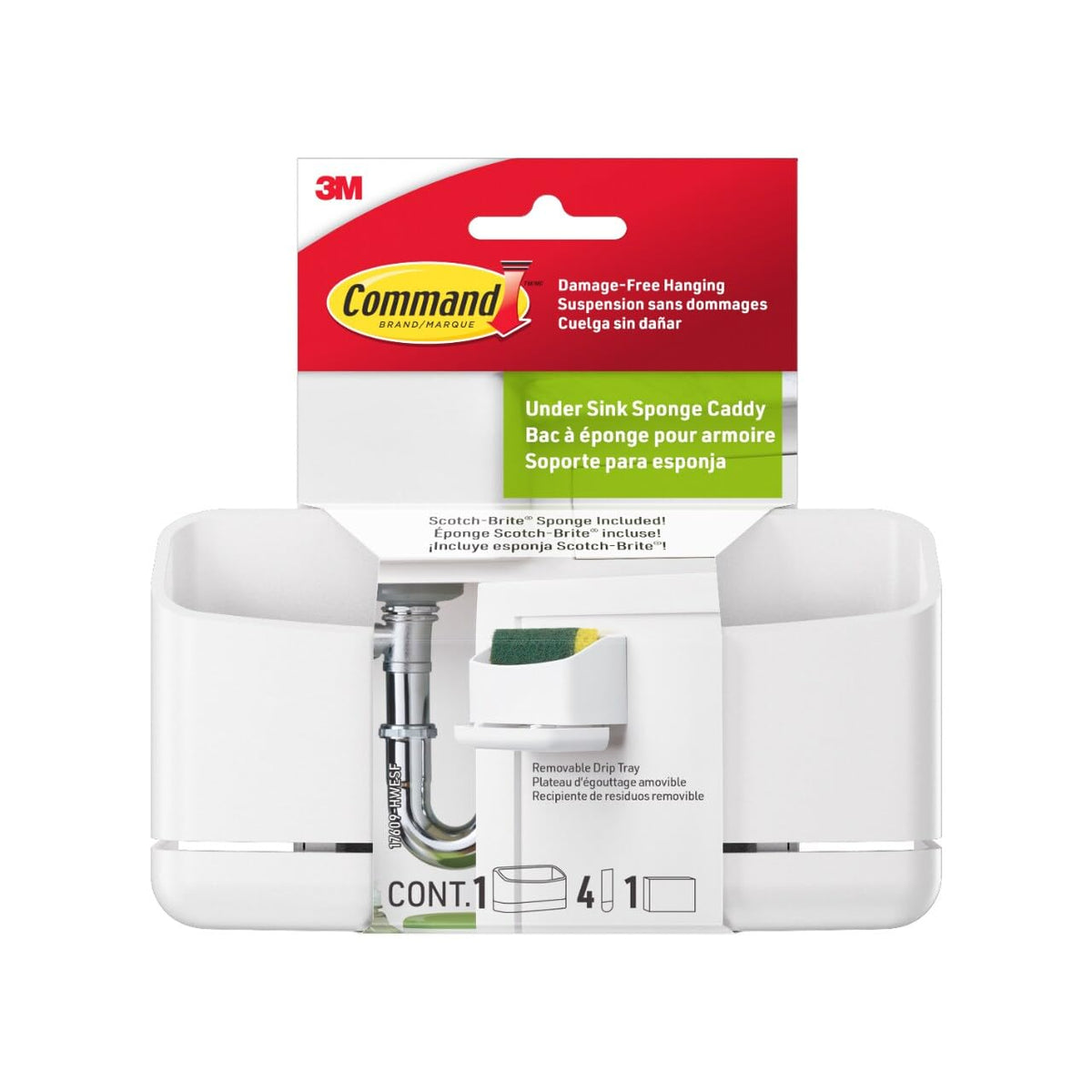 3M Command Under Sink Sponge Caddy front view keeps your sponge within reach and out of sight.