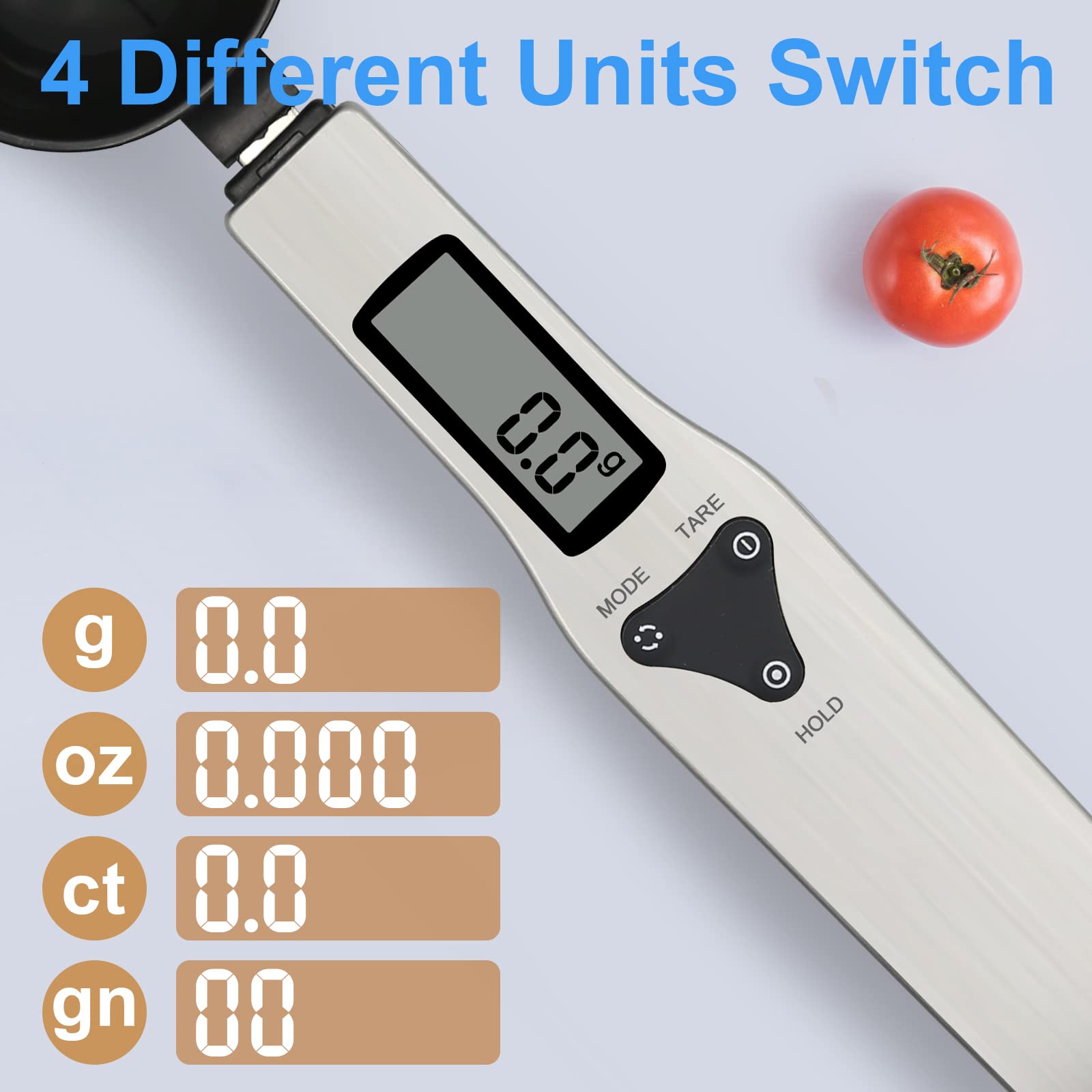 3T6B spoon unit conversion supports g, oz, gn, and ct for versatile measuring.