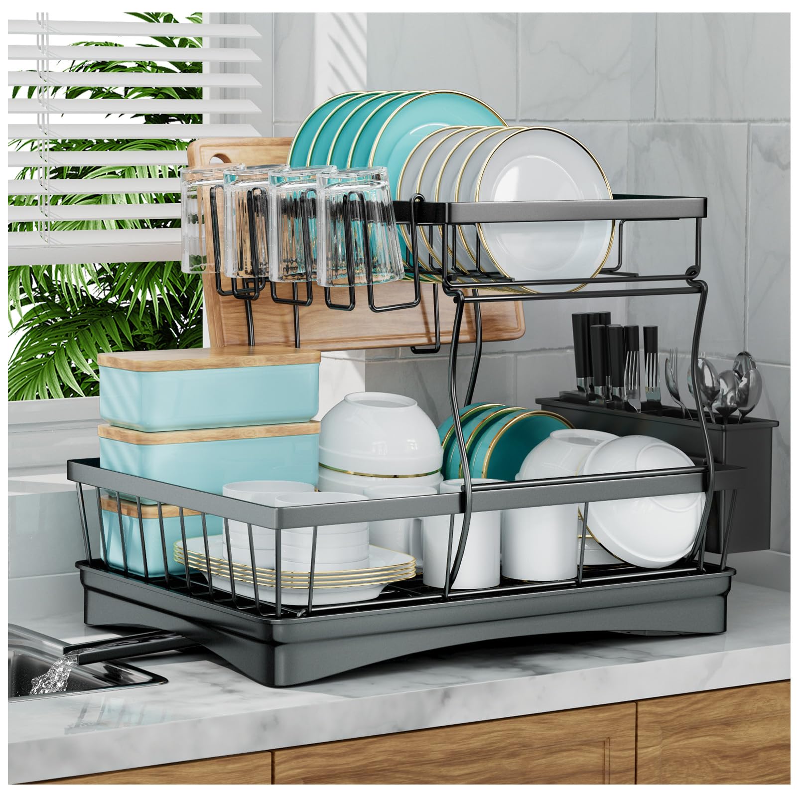 7 code large dish drying rack front view with utensil holder for organized counter space
