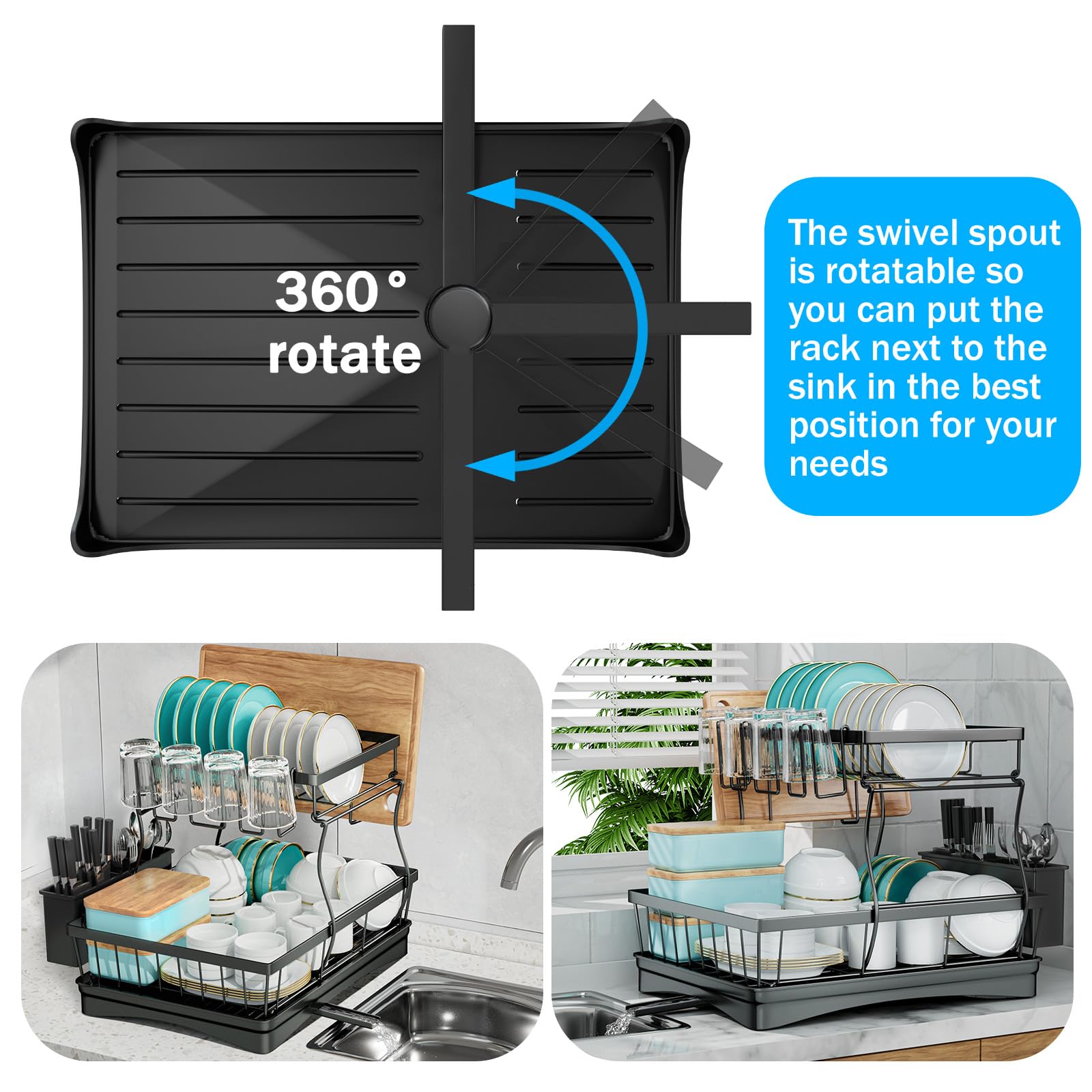 7 code large dish drying rack side view showing 360-degree swivel drain spout
