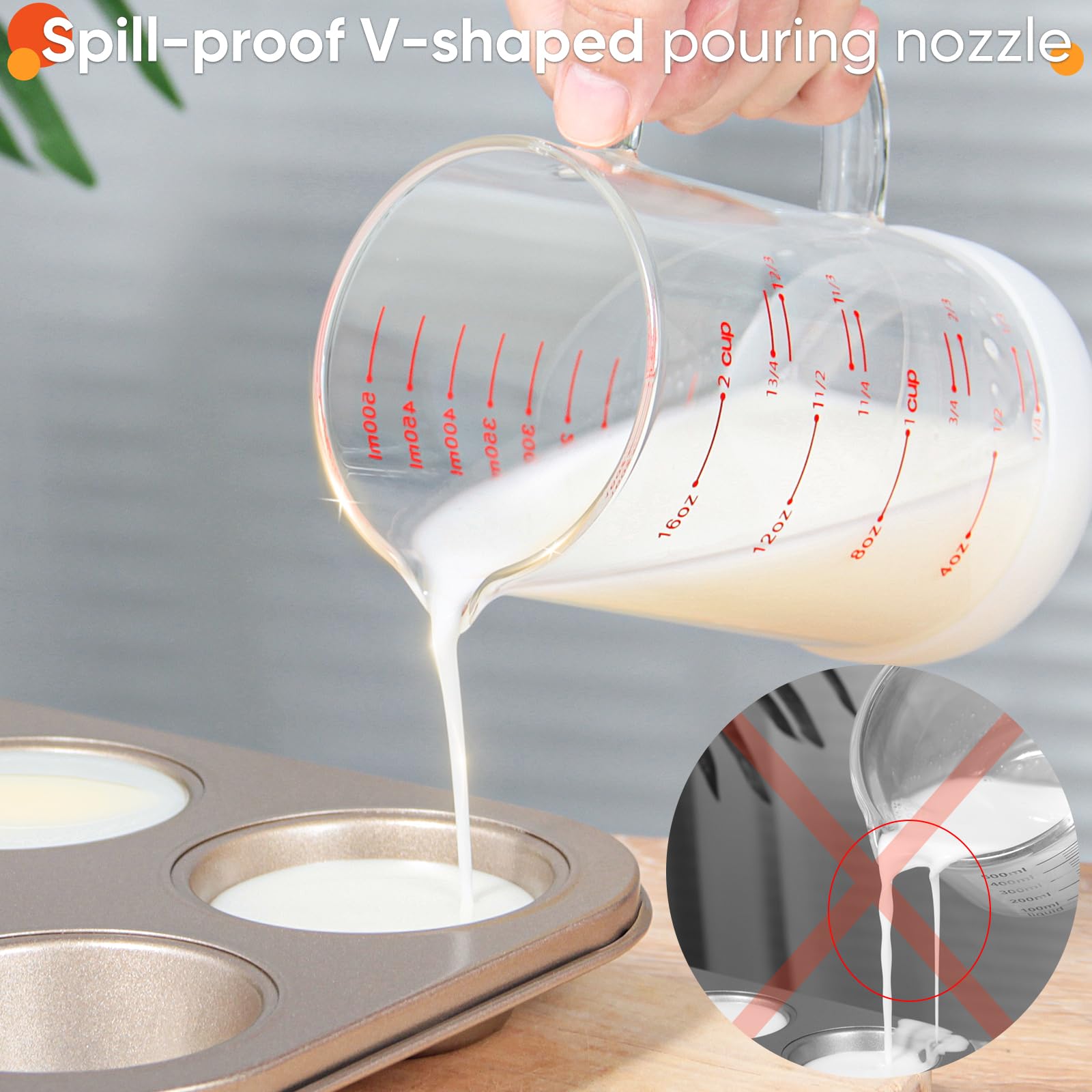 77L glass with V-shaped spout for clean, accurate pouring.