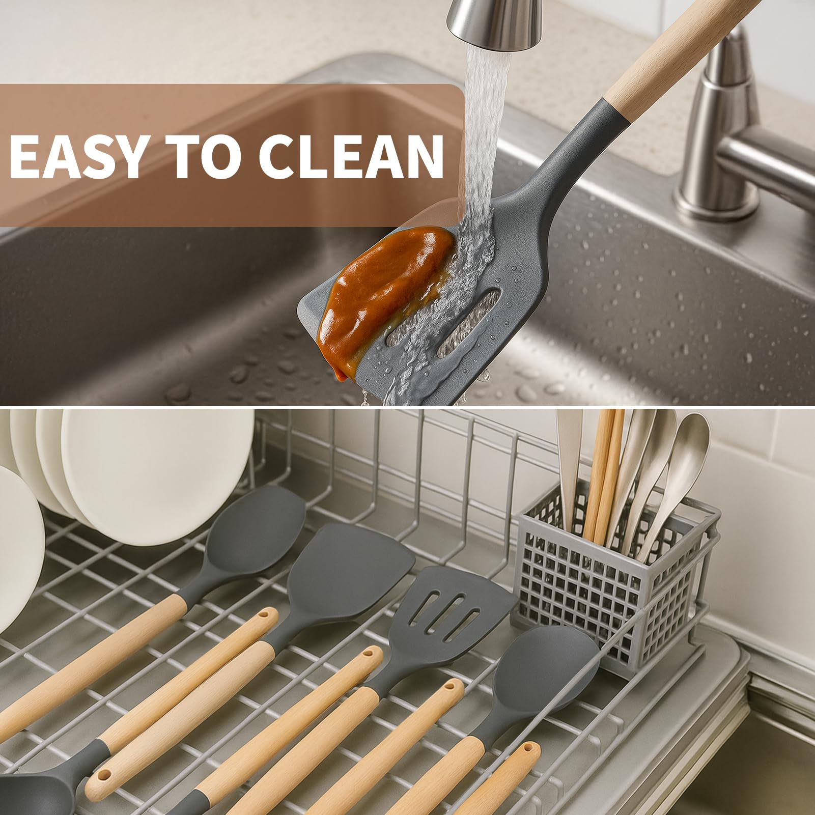 77L dishwasher-safe silicone utensils simplify cleanup after cooking