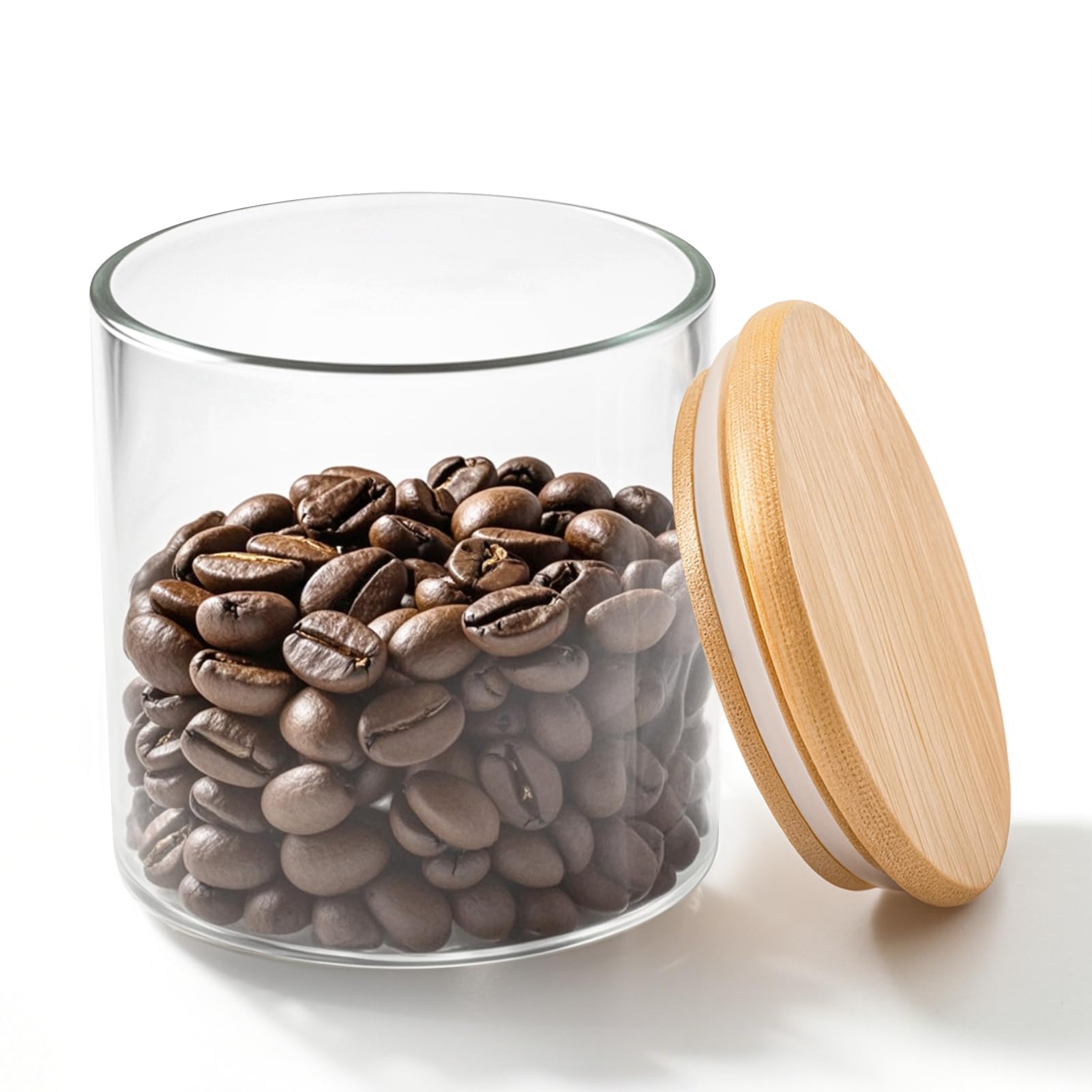 77L glass jar with bamboo lid provides airtight storage for dry ingredients.
