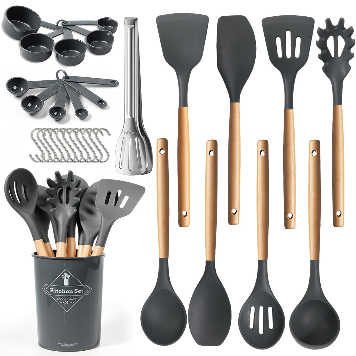 77L silicone utensils set with holder demonstrates organized storage and easy access for cooking