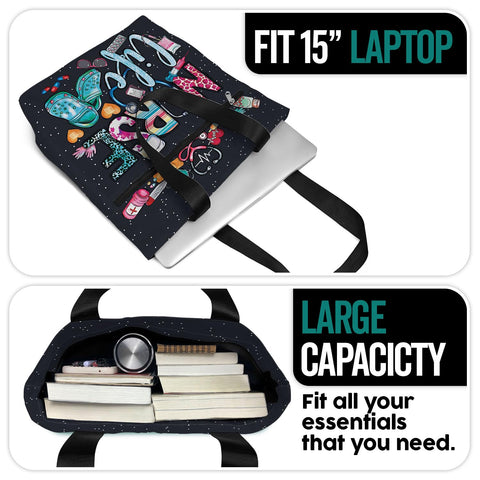 84hoods aesthetic tote bag laptop fit demonstrates 15-inch laptop capacity