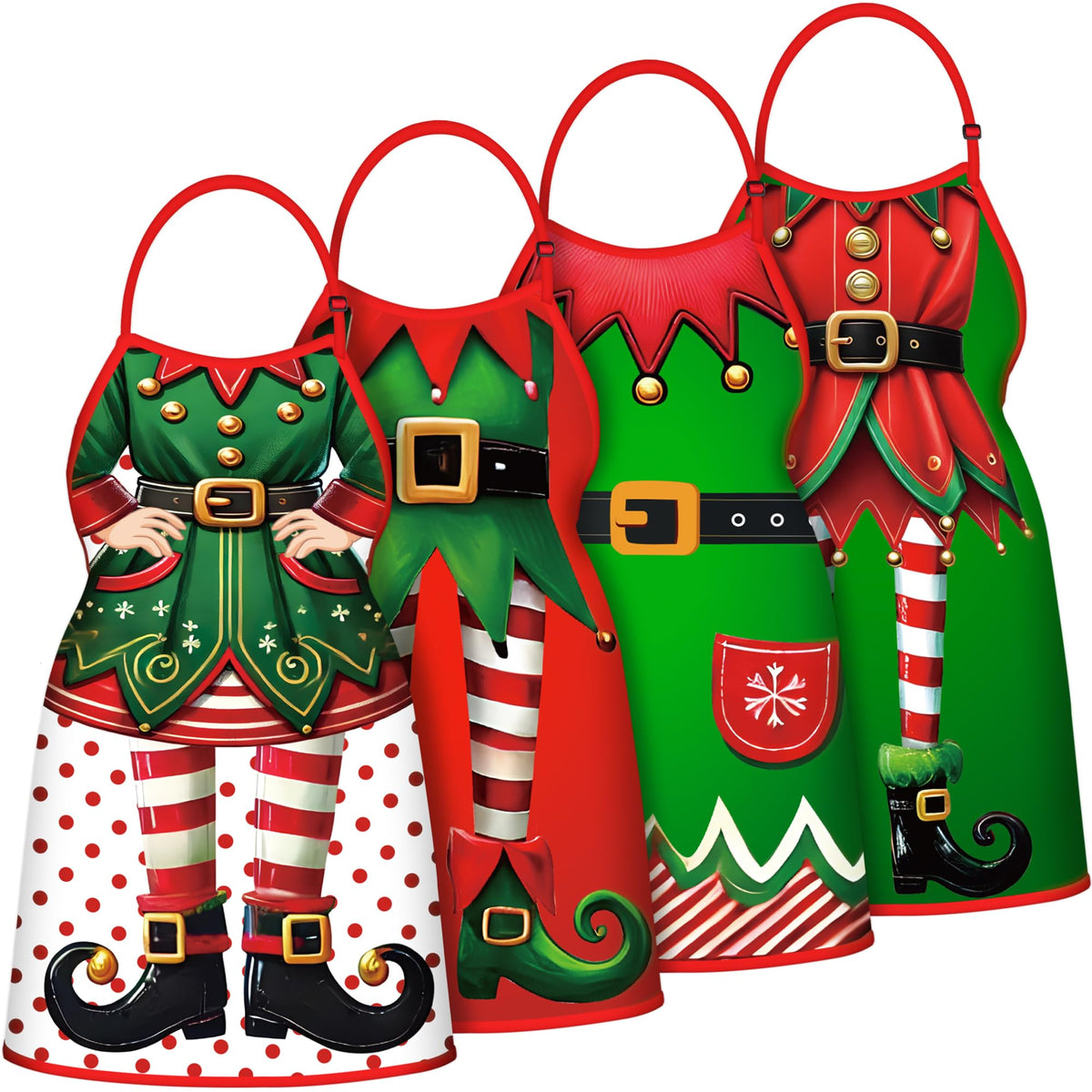 90shine Christmas elf apron set, front view, four festive designs for holiday baking.