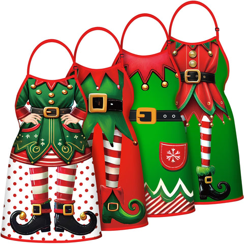 90shine Christmas elf apron set, front view, four festive designs for holiday baking.