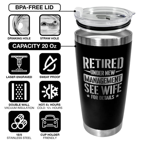 94Bright retirement tumbler in desk use, perfect for afternoon tea on the job.