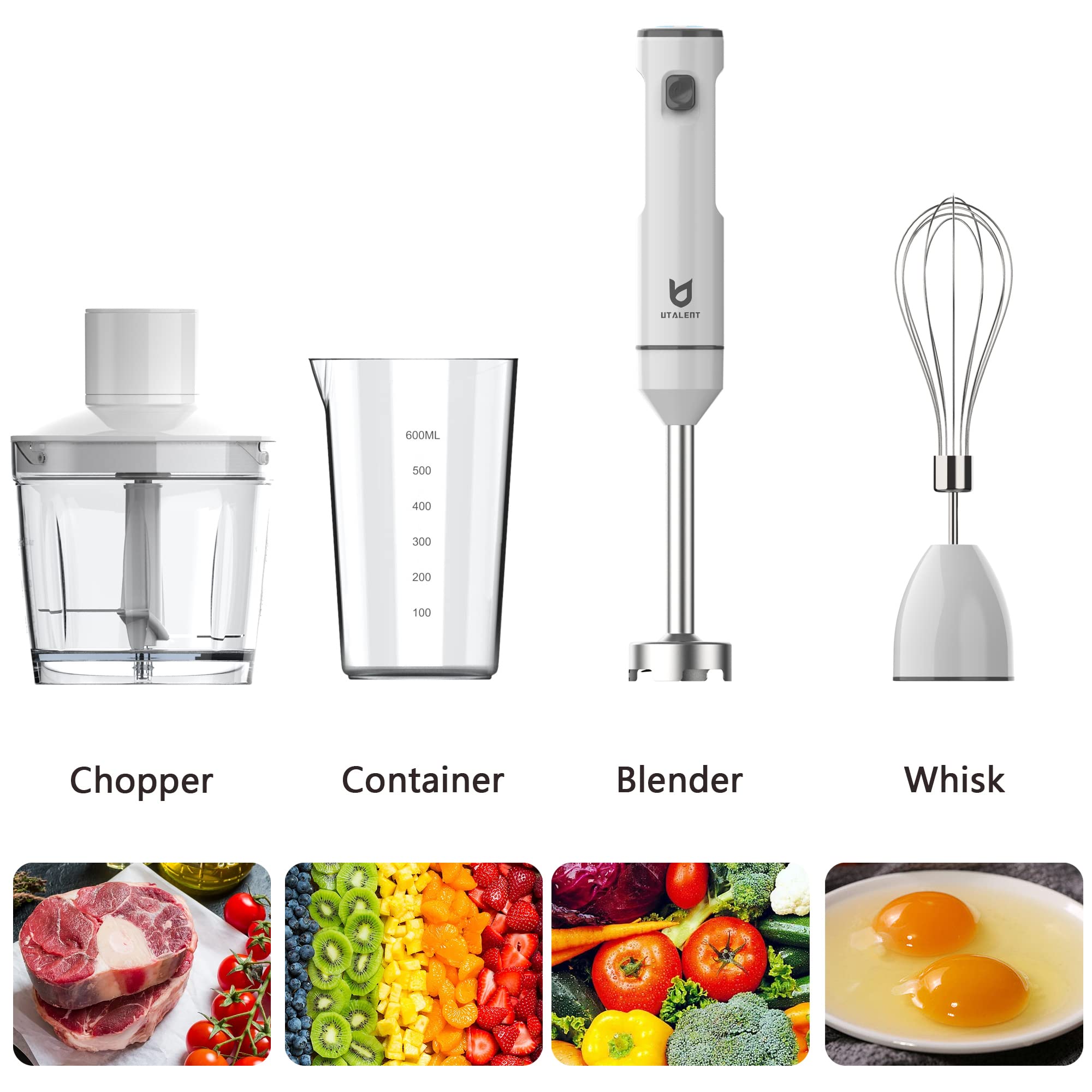 UTALENT 500ml chopper attachment speeds chopping of vegetables and herbs.