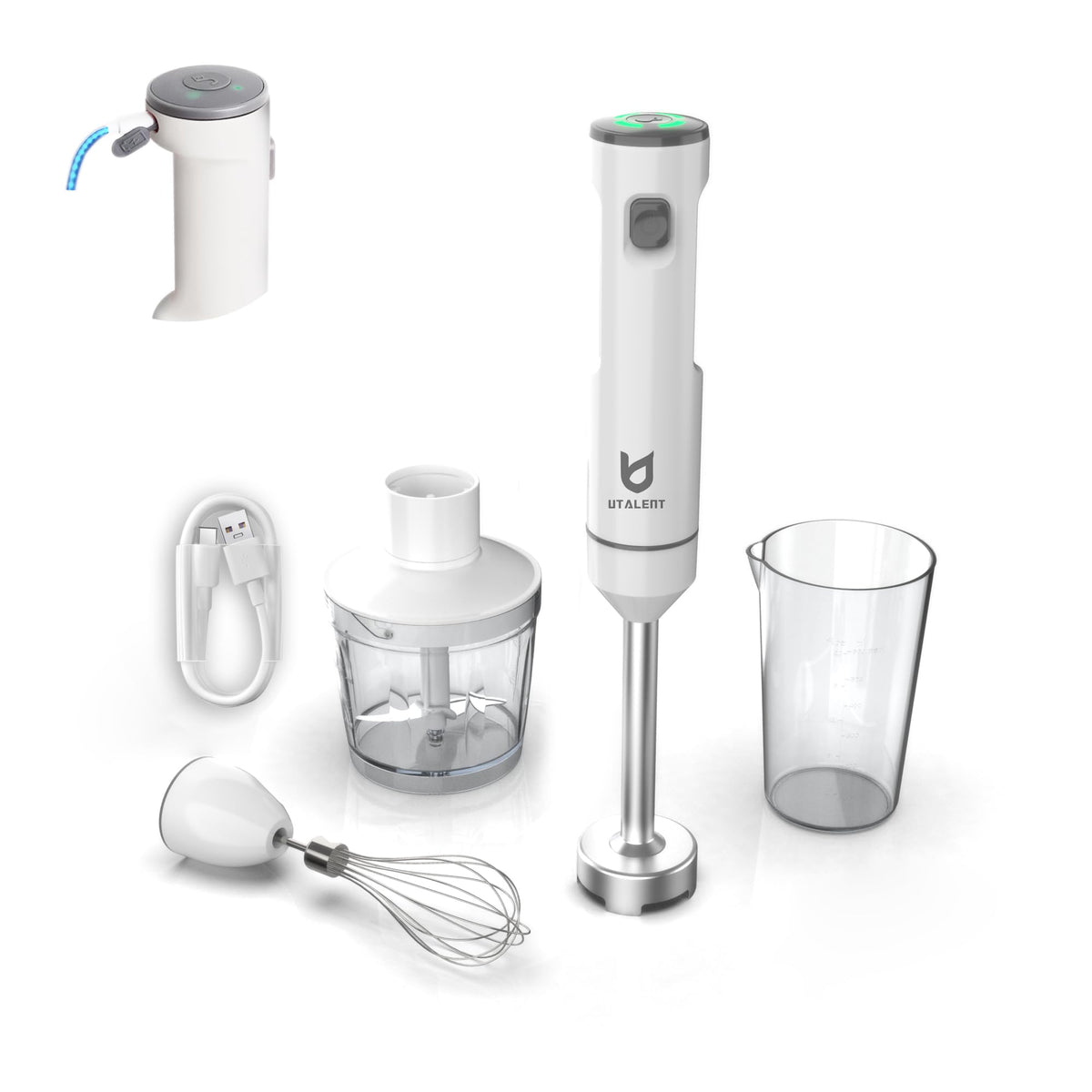 UTALENT cordless hand blender with blender arm for smooth soups and smoothies.