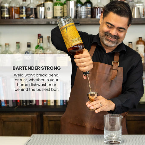 A Bar Above black finish stainless steel jigger—durable and rust-resistant.
