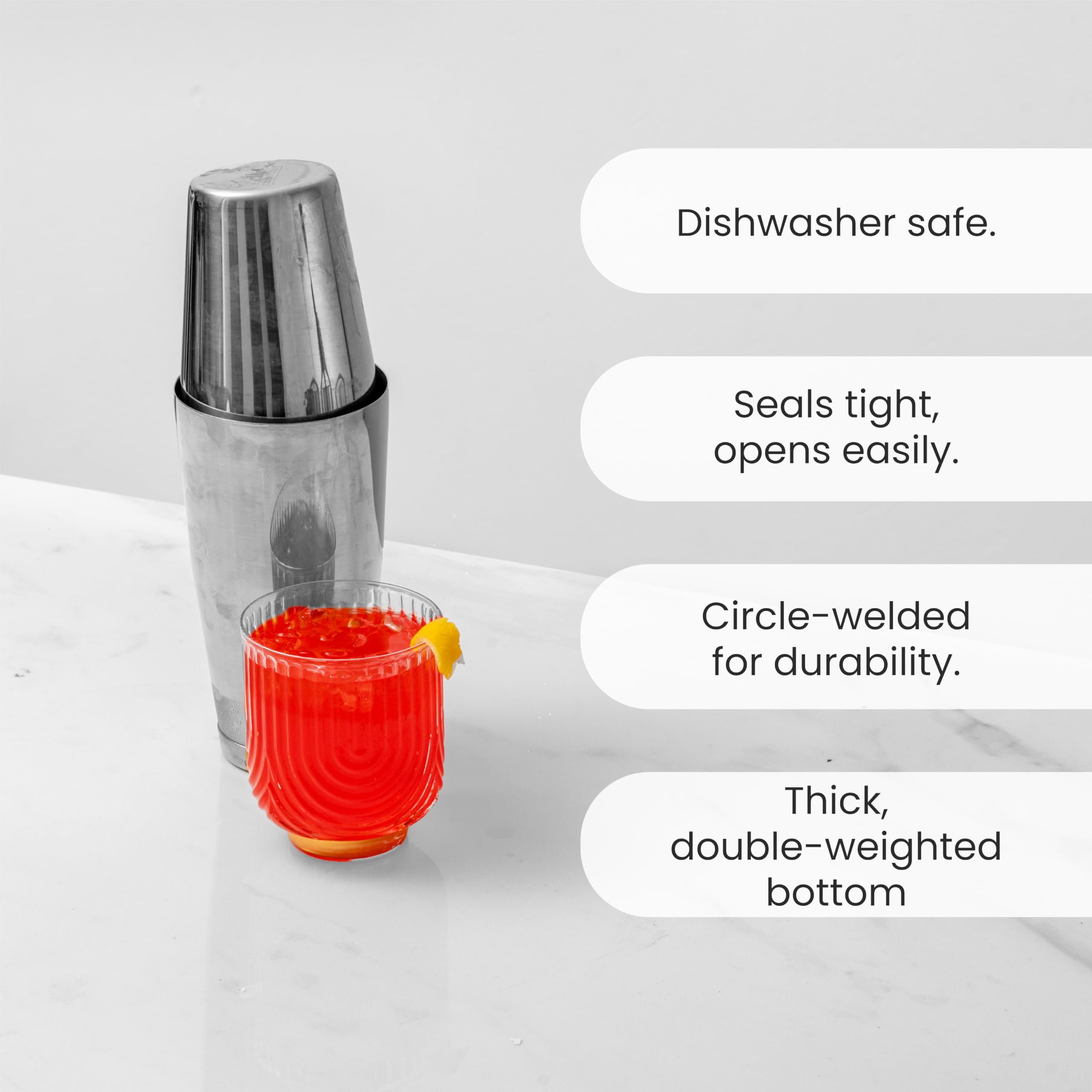 A Bar Above shaker with leak-free seal for mess-free pours.
