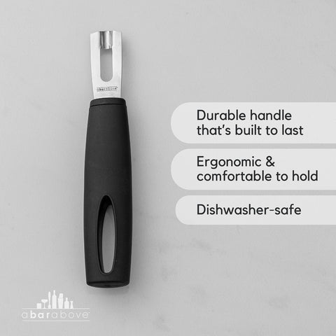 A Bar Above channel knife with angled blade enabling clean peels and elegant spirals.