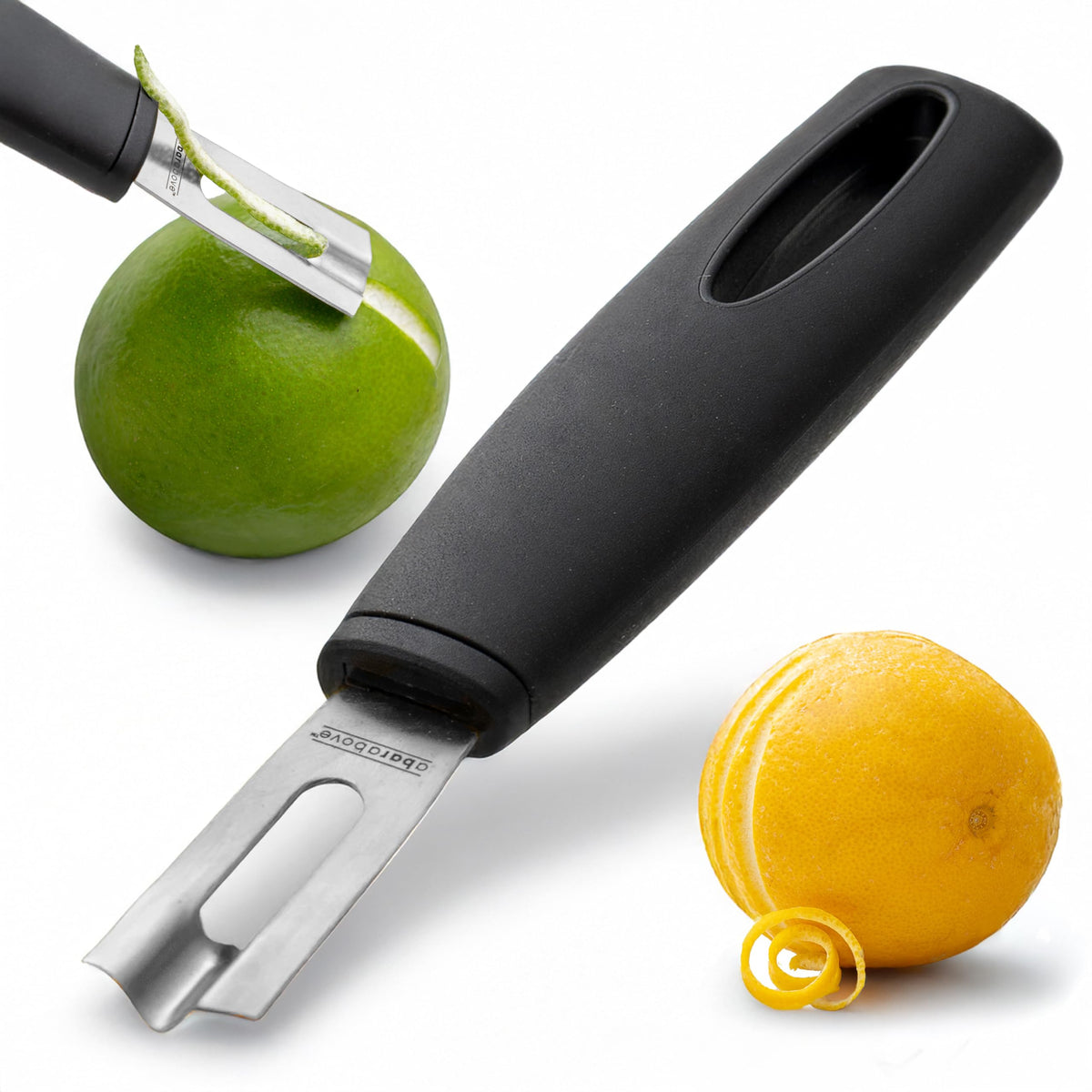 A Bar Above channel knife with black handle for precise citrus garnishes and elevated presentation.