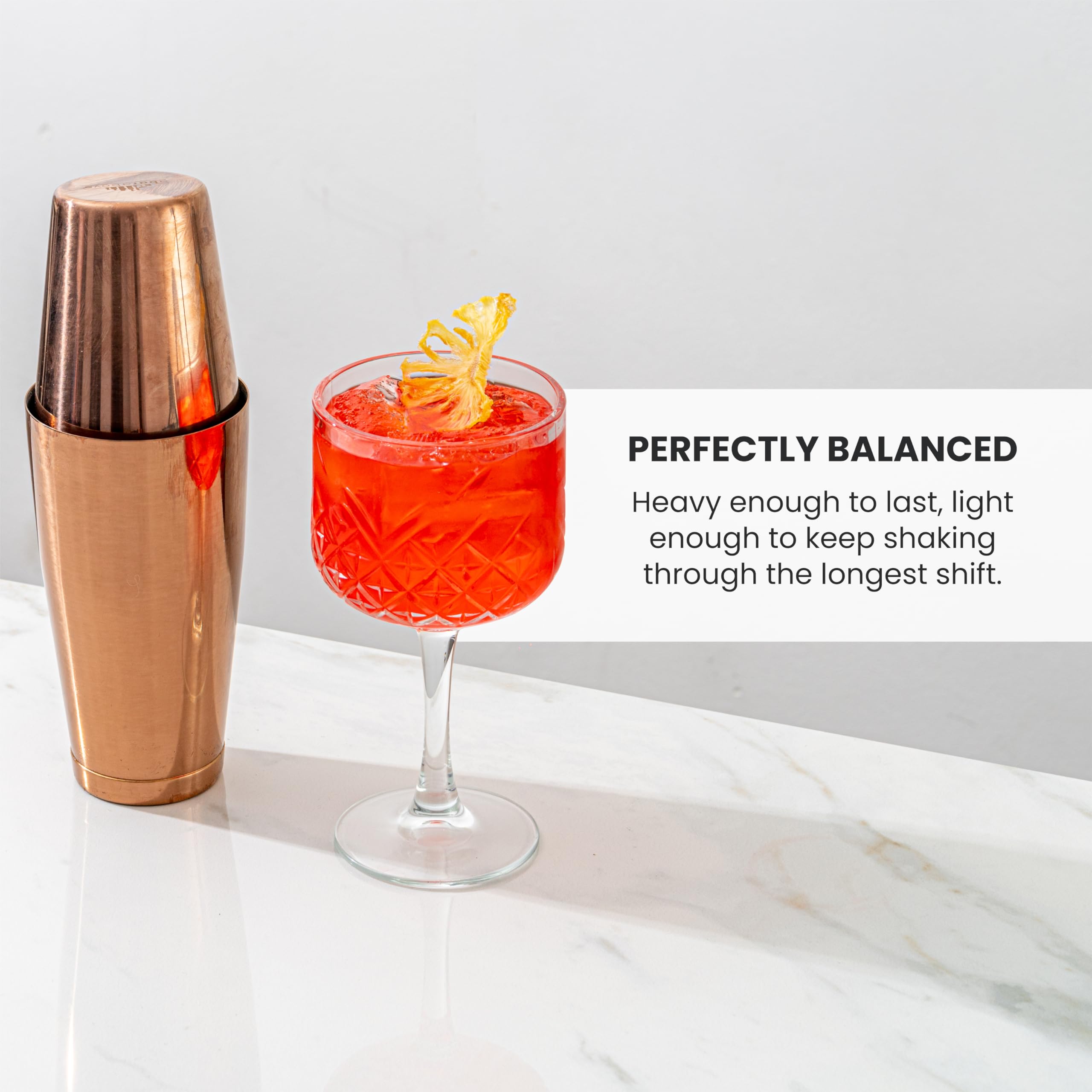 A Bar Above shaker with ergonomic grip for comfortable use during long shifts.
