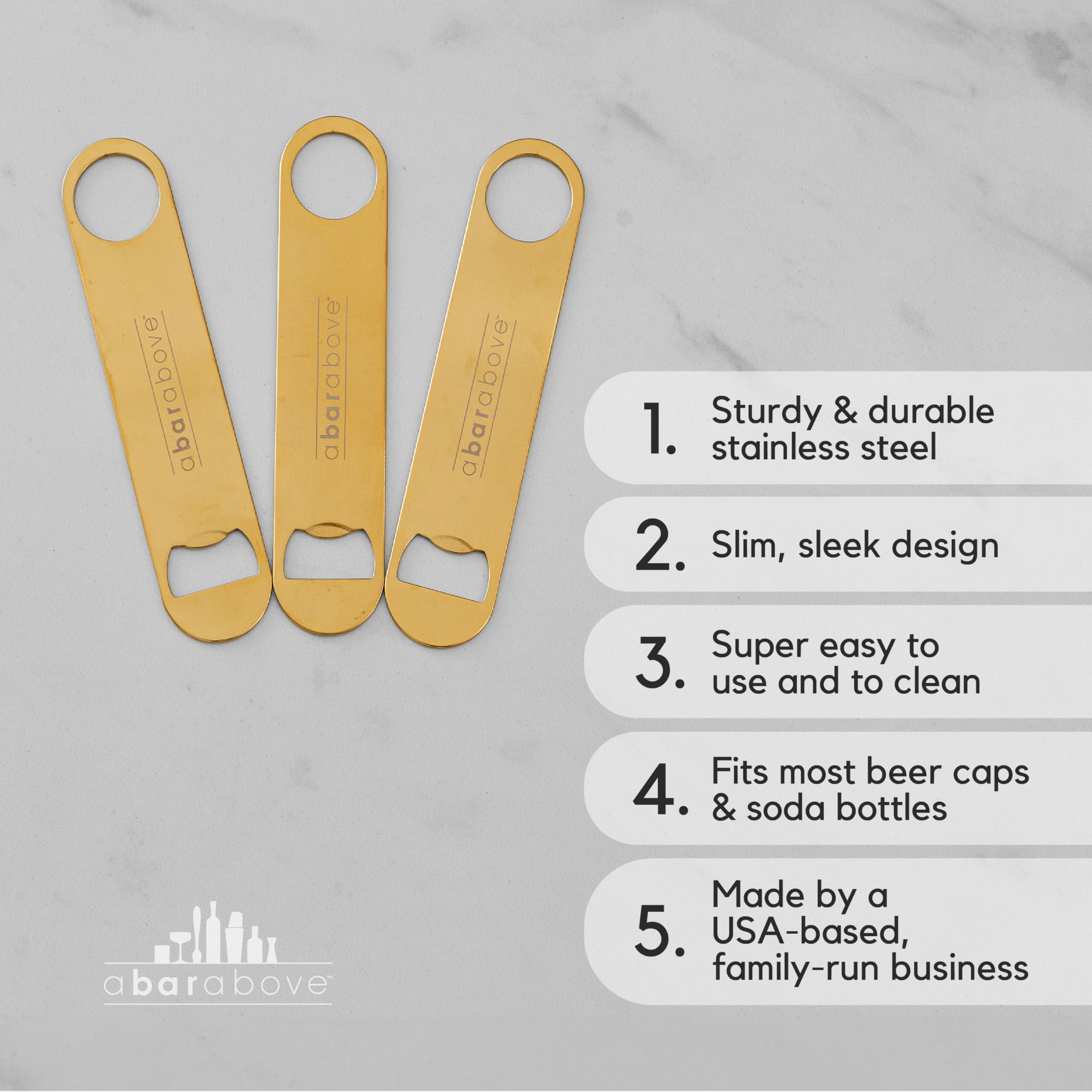A Bar Above heavy duty bar blade bottle opener ergonomic handle in hand for comfortable use