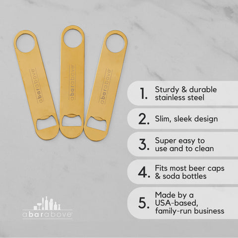 A Bar Above heavy duty bar blade bottle opener ergonomic handle in hand for comfortable use