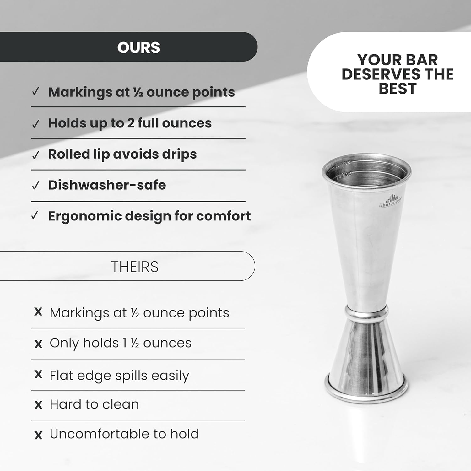 A Bar Above Jigger ergonomic handle for fast, steady pouring