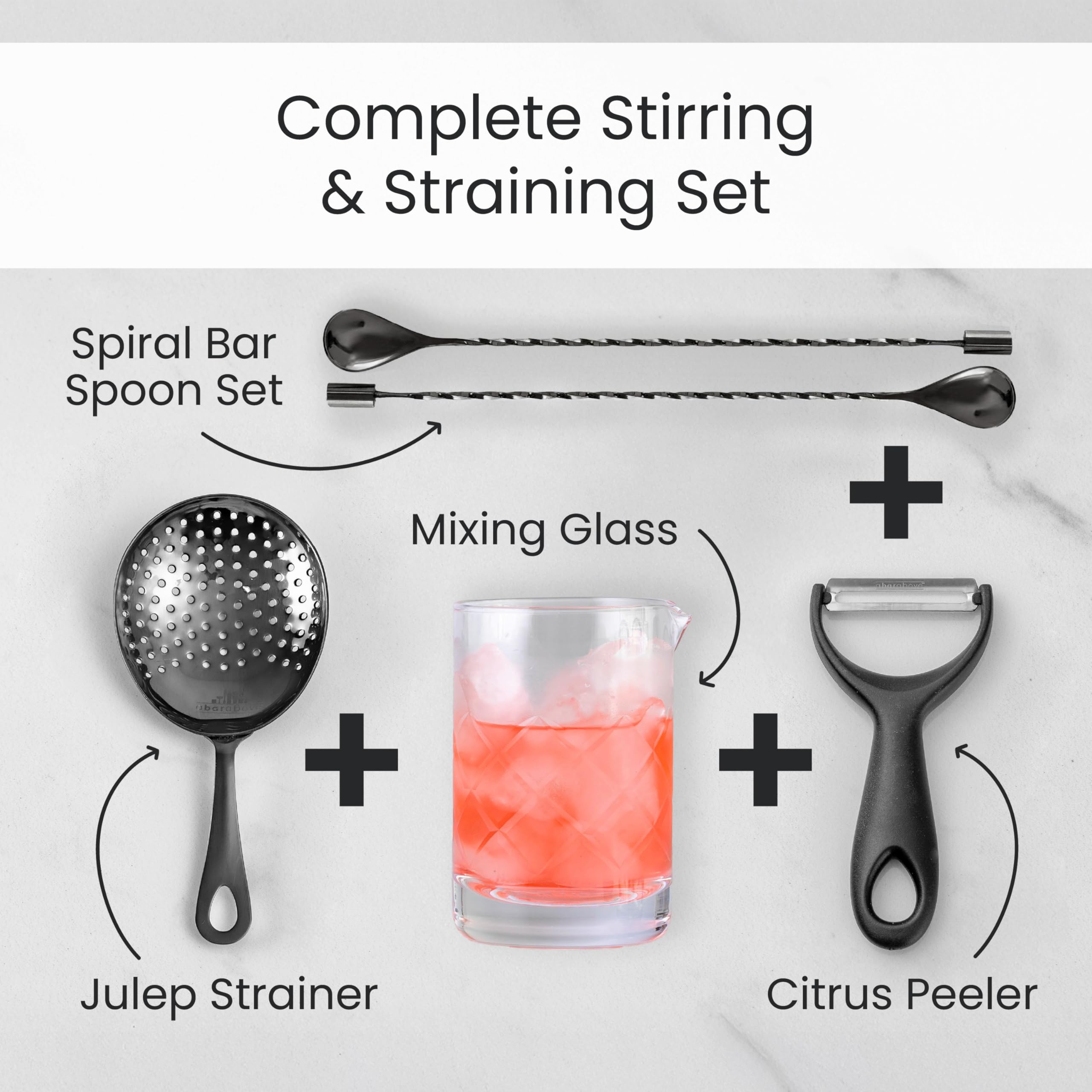 Julep strainer fits standard mixing glasses for quick strain-and-pour
