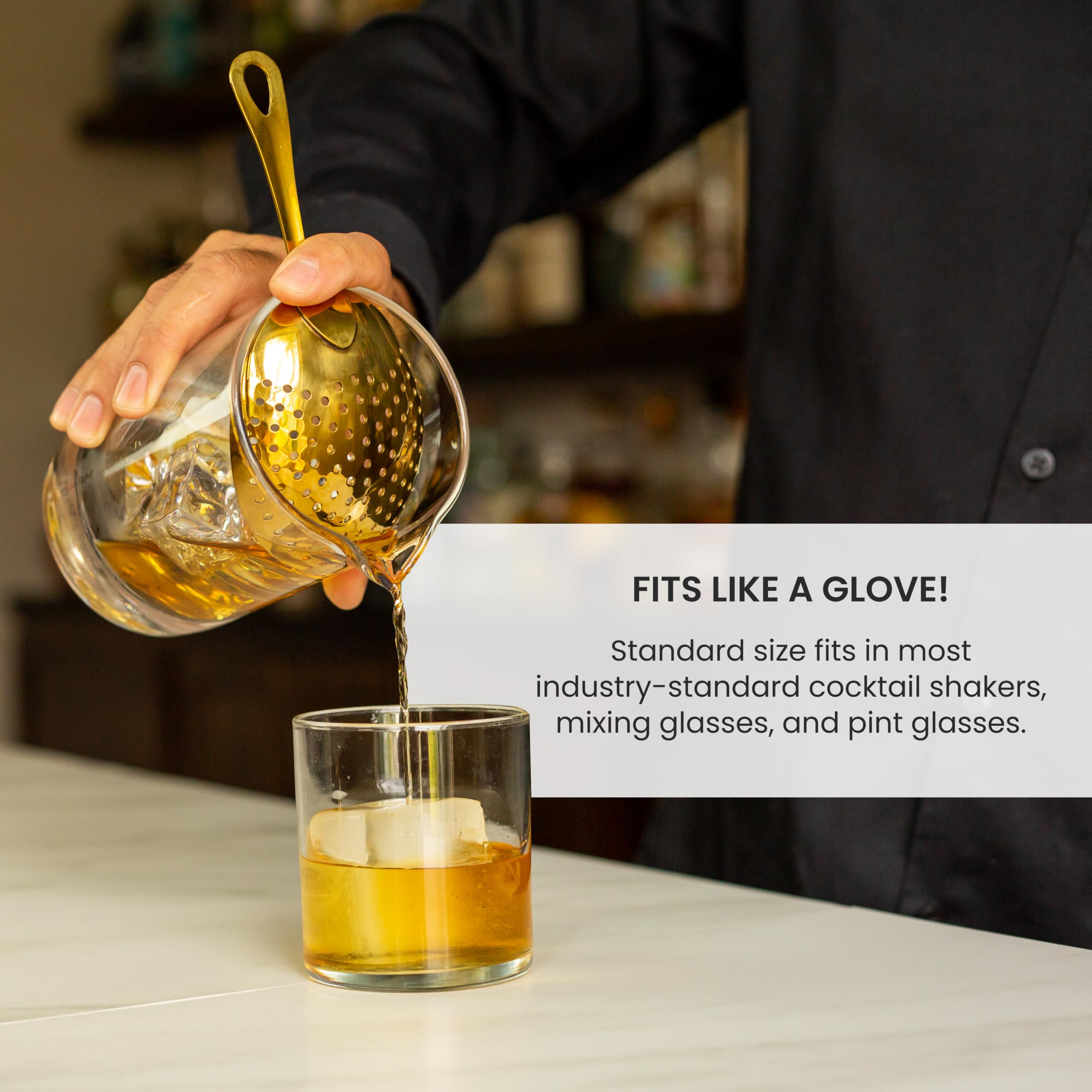 Perforations on A Bar Above julep strainer catch ice and solids effectively