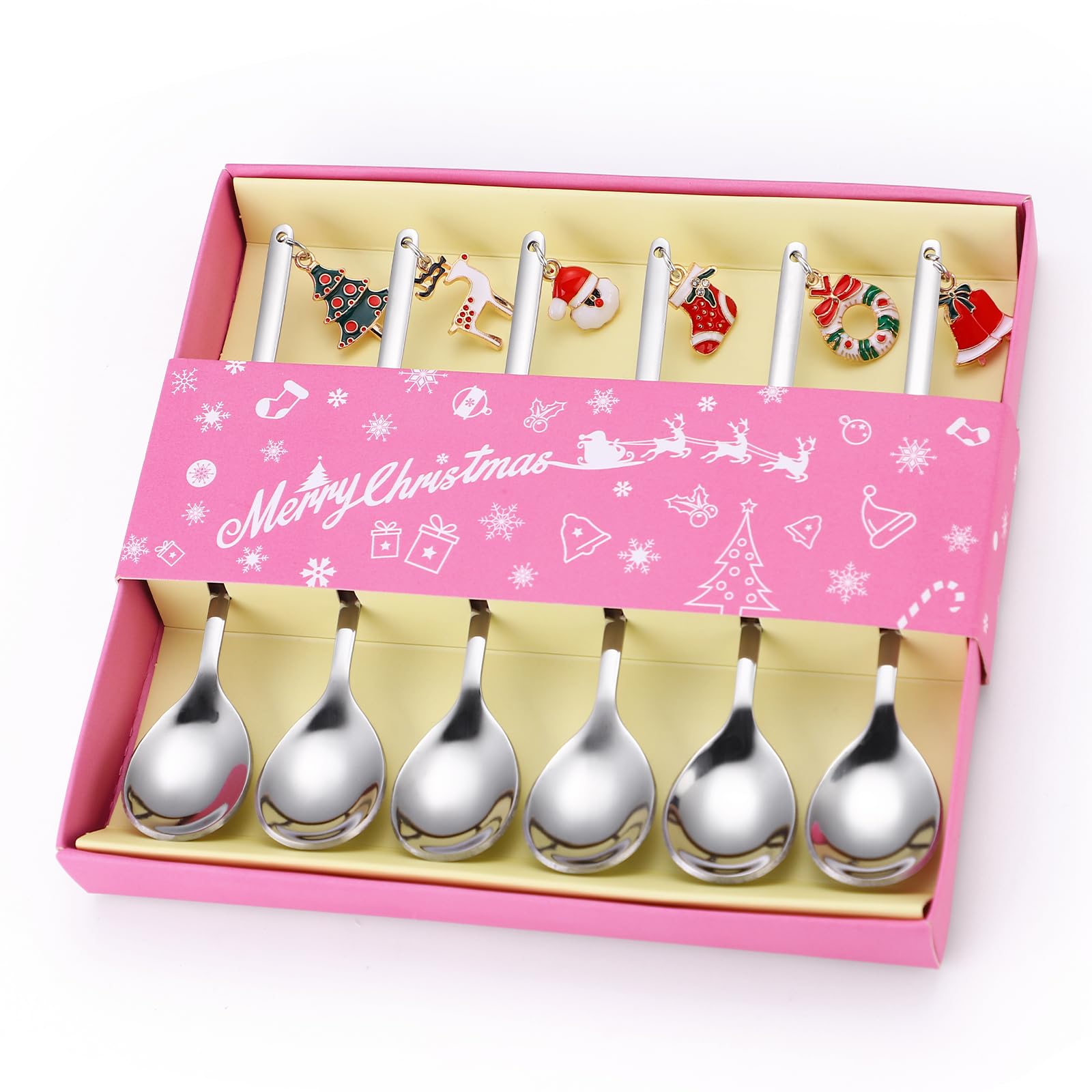 A HOUSEWARE dessert spoons with Christmas pendants for festive coffee moments.