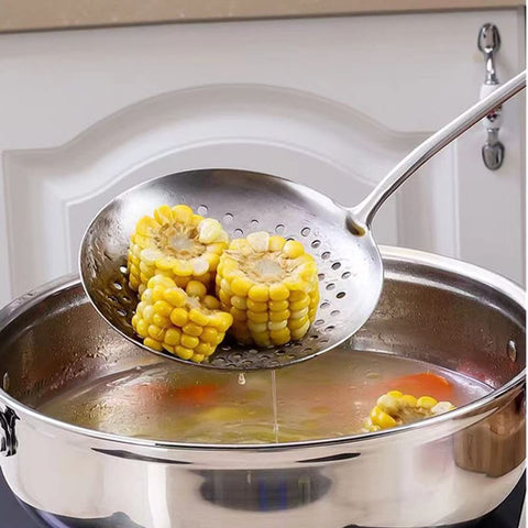 A · HOUSEWARE Skimmer heatproof hollow-handle for safe lifting.
