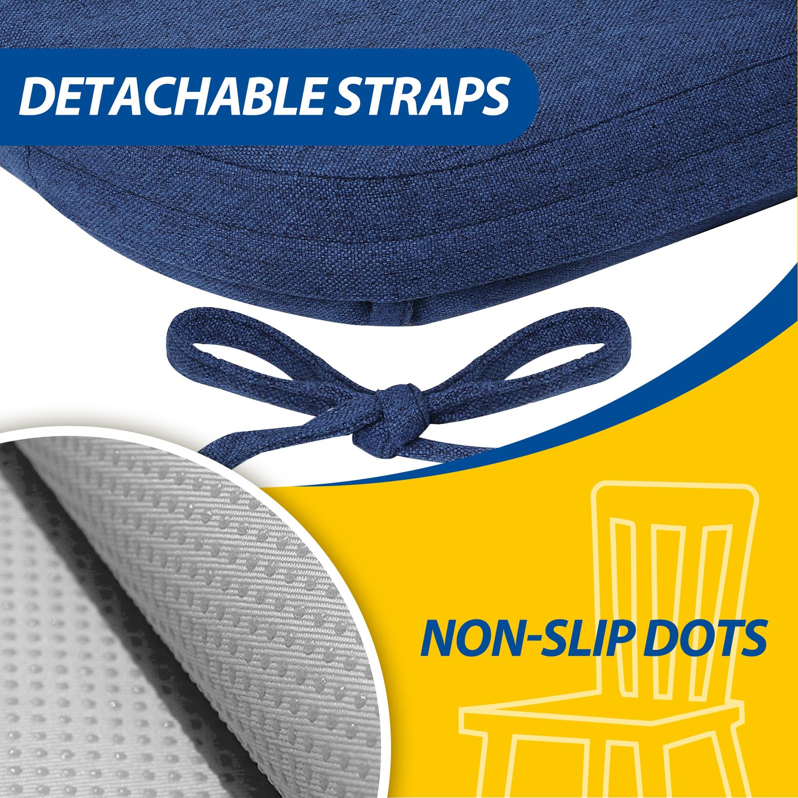 AAAAAcessories D-shaped chair cushion blue reinforced edge for durability.