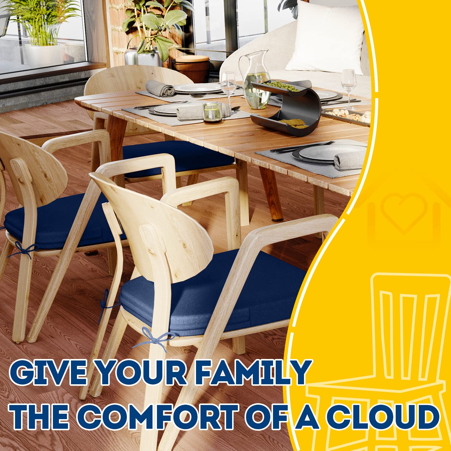 AAAAAcessories D-shaped chair cushion blue with ties for secure seating.
