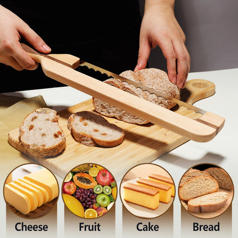 AAEJE 16.8-inch farm bread knife cutting through rustic loaf smoothly.