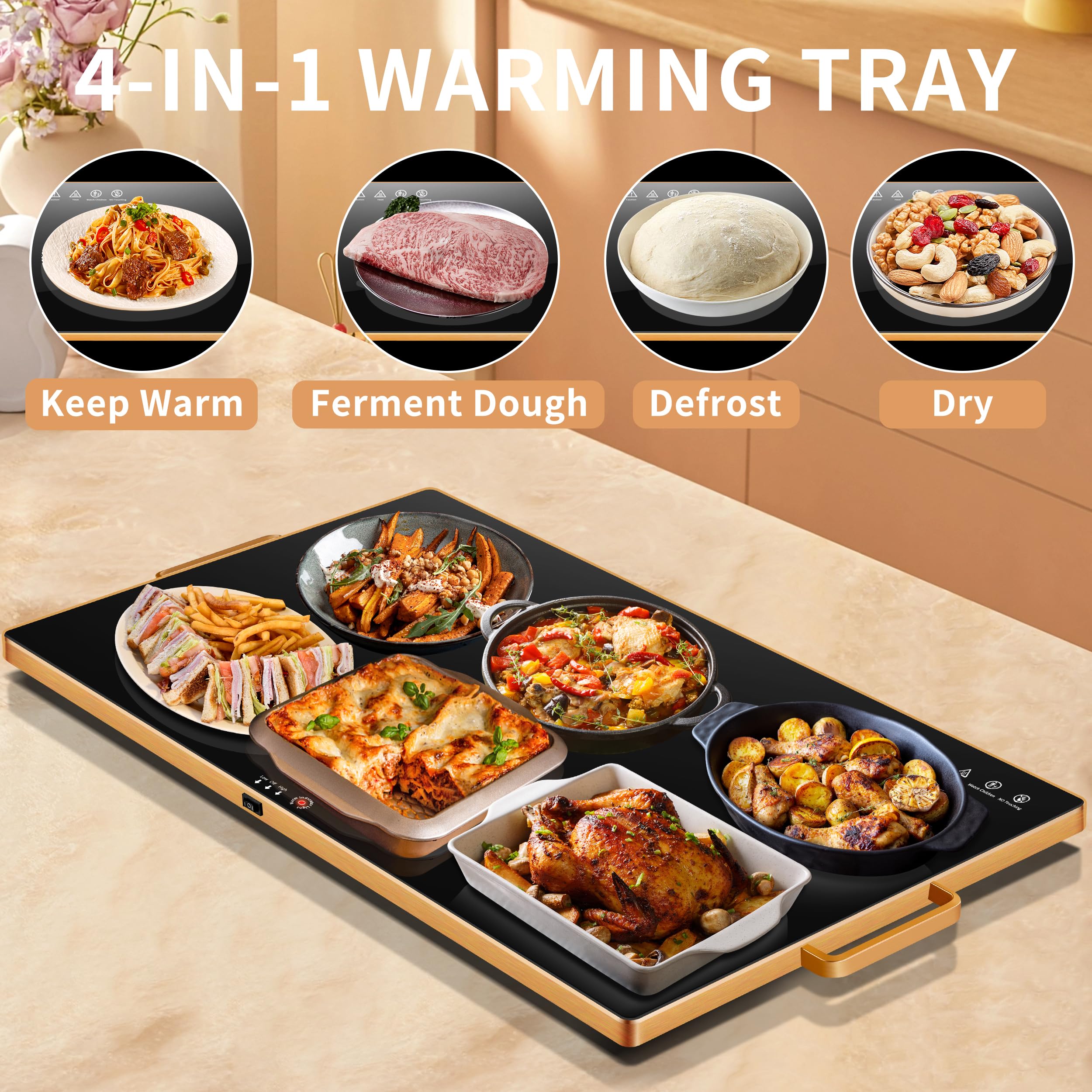 Aanuan warming tray demonstrating full-surface heating for even warmth