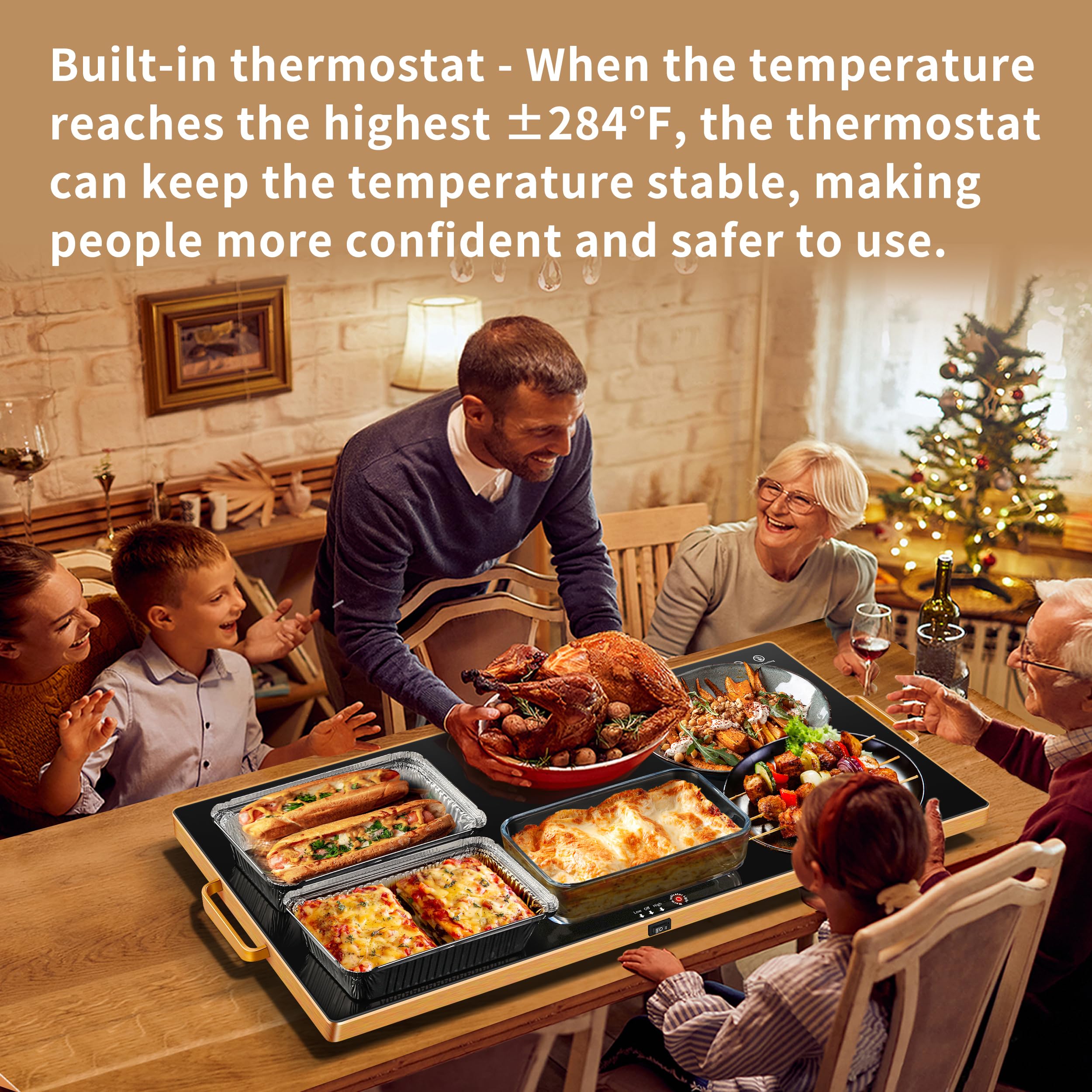 Aanuan warming tray shown with non-slip feet protecting tabletops