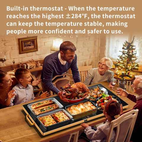 Aanuan warming tray shown with non-slip feet protecting tabletops