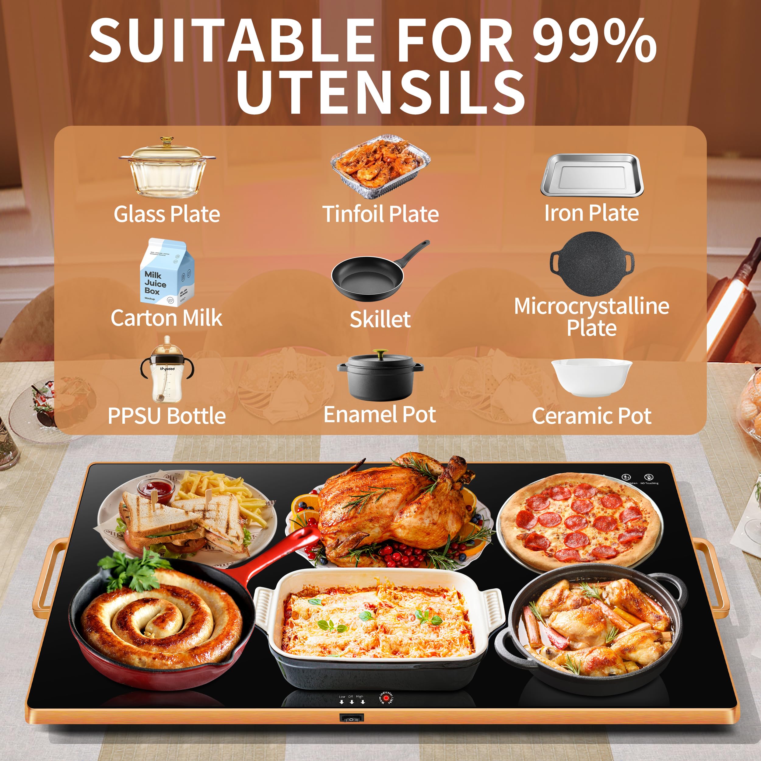 Aanuan warming tray featuring thermostat-style temperature control for precision