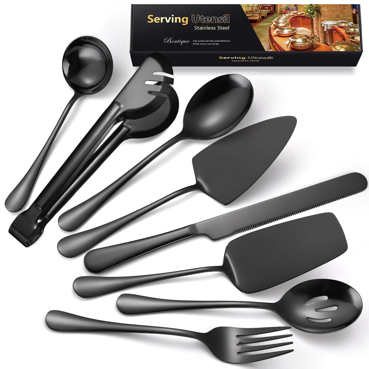 AARAINBOW Exquisite 8-Piece Serving Utensils Set laid out for an elegant buffet.