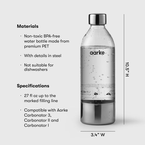 Aarke PET bottle in use beside a glass, showcasing lifestyle use.