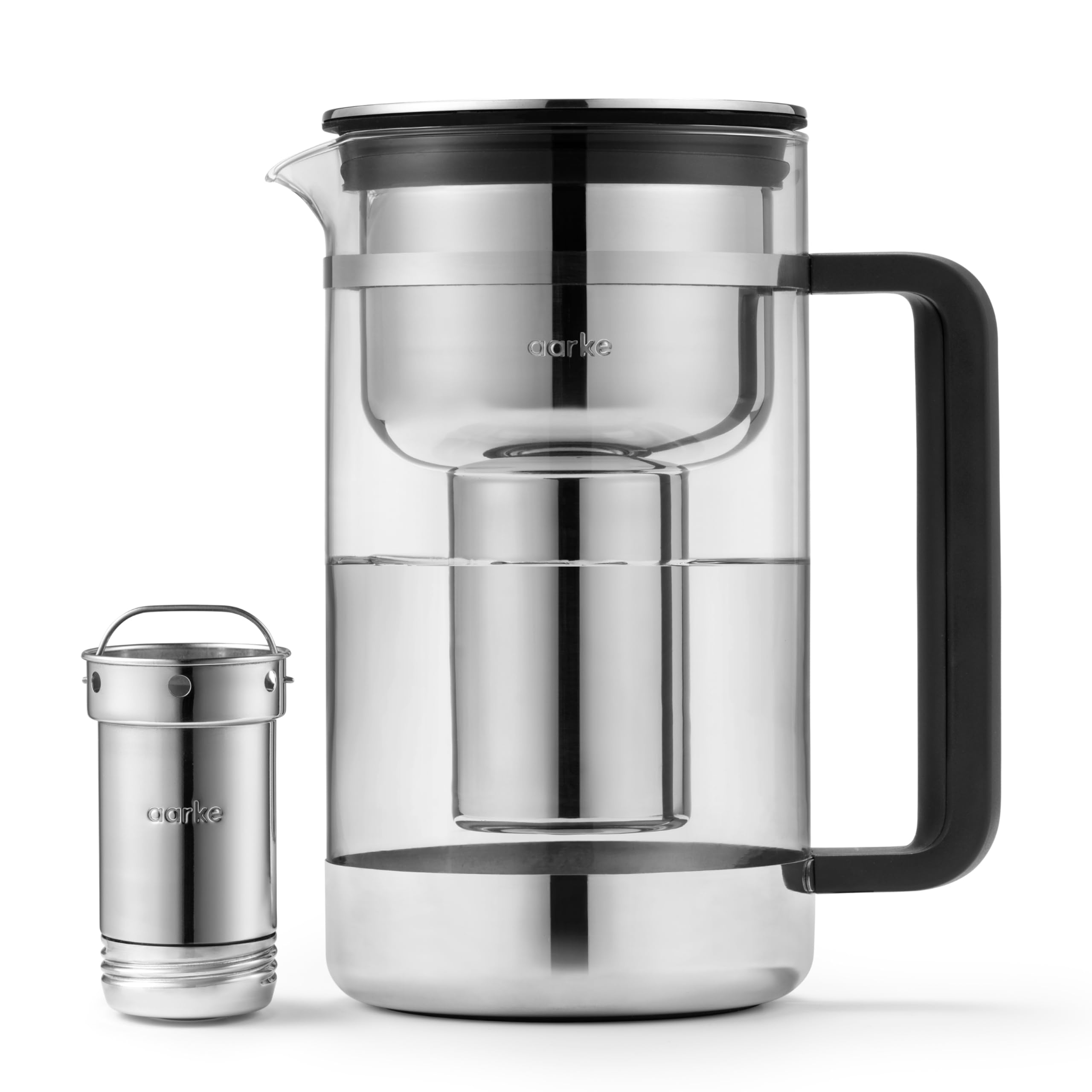 Aarke Purifier glass water pitcher displaying a crystal-clear glass carafe for clean, refreshing pours.