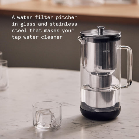Aarke Purifier stainless steel cartridge and lid shown with BPA-free design