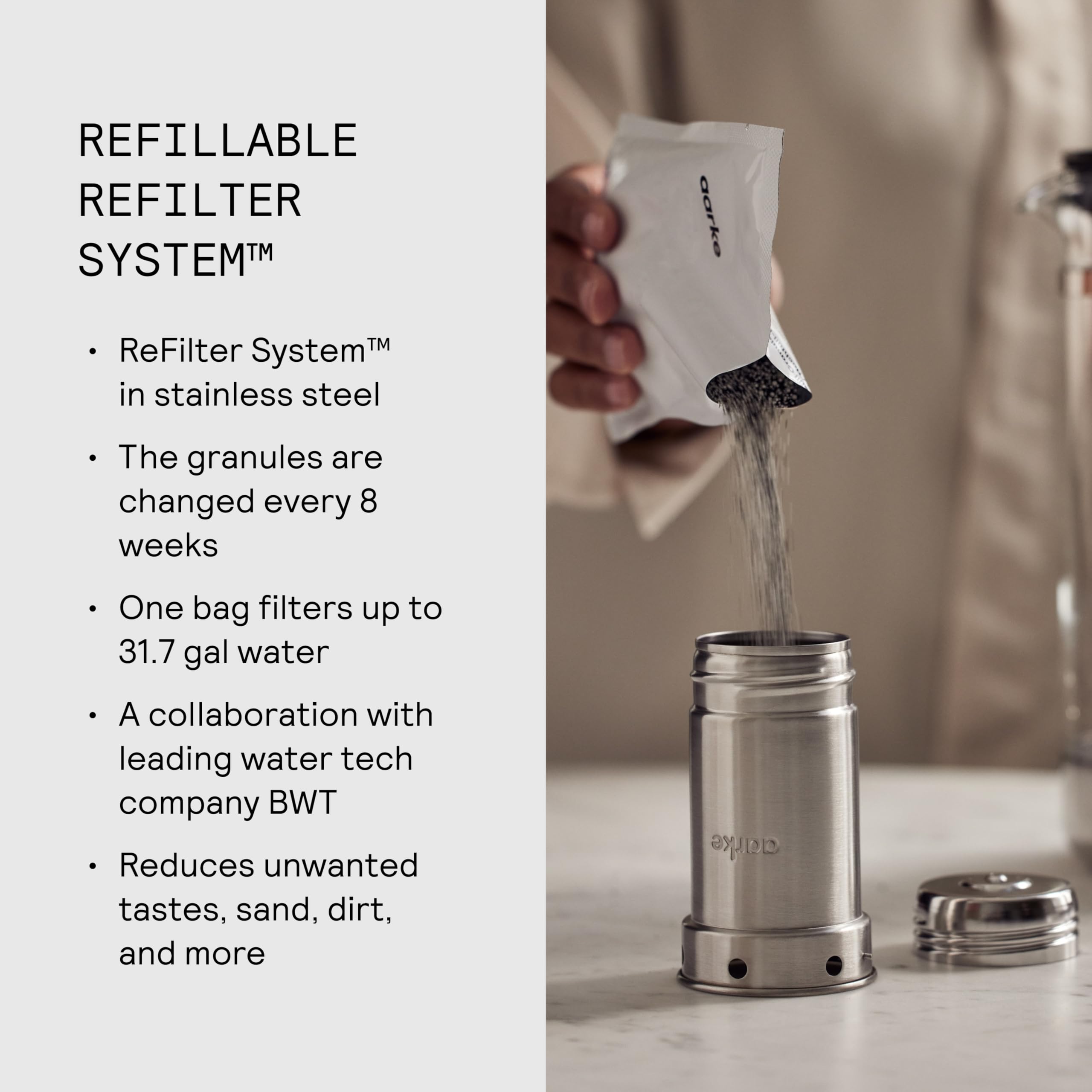 Aarke Purifier water pours smoothly while filtration occurs