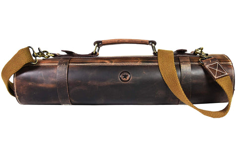 Aaron Leather Knife Roll in classic dark brown with secure pockets for up to 18-inch knives.