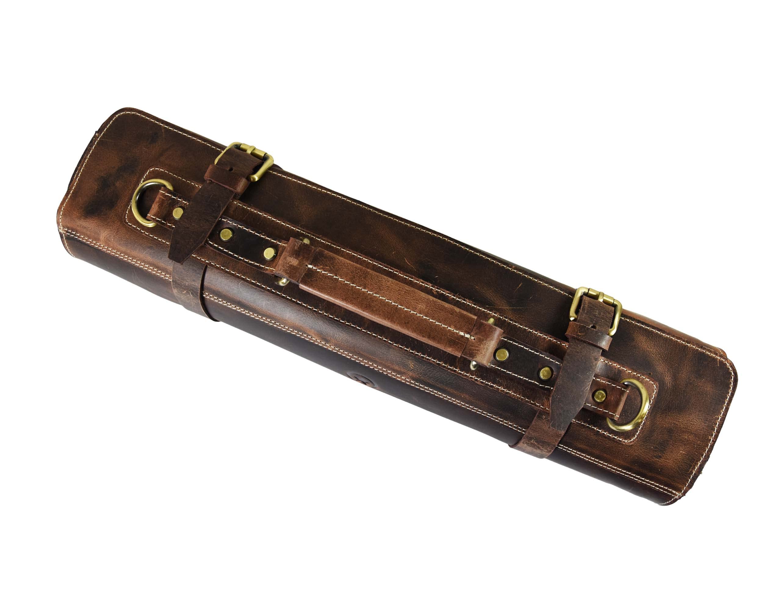 Aaron Leather Knife Roll preserves knives safely with two classic buckles and roll mechanism.