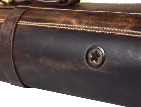 Aaron Leather Knife Roll expands to accommodate larger utensils and accessories.