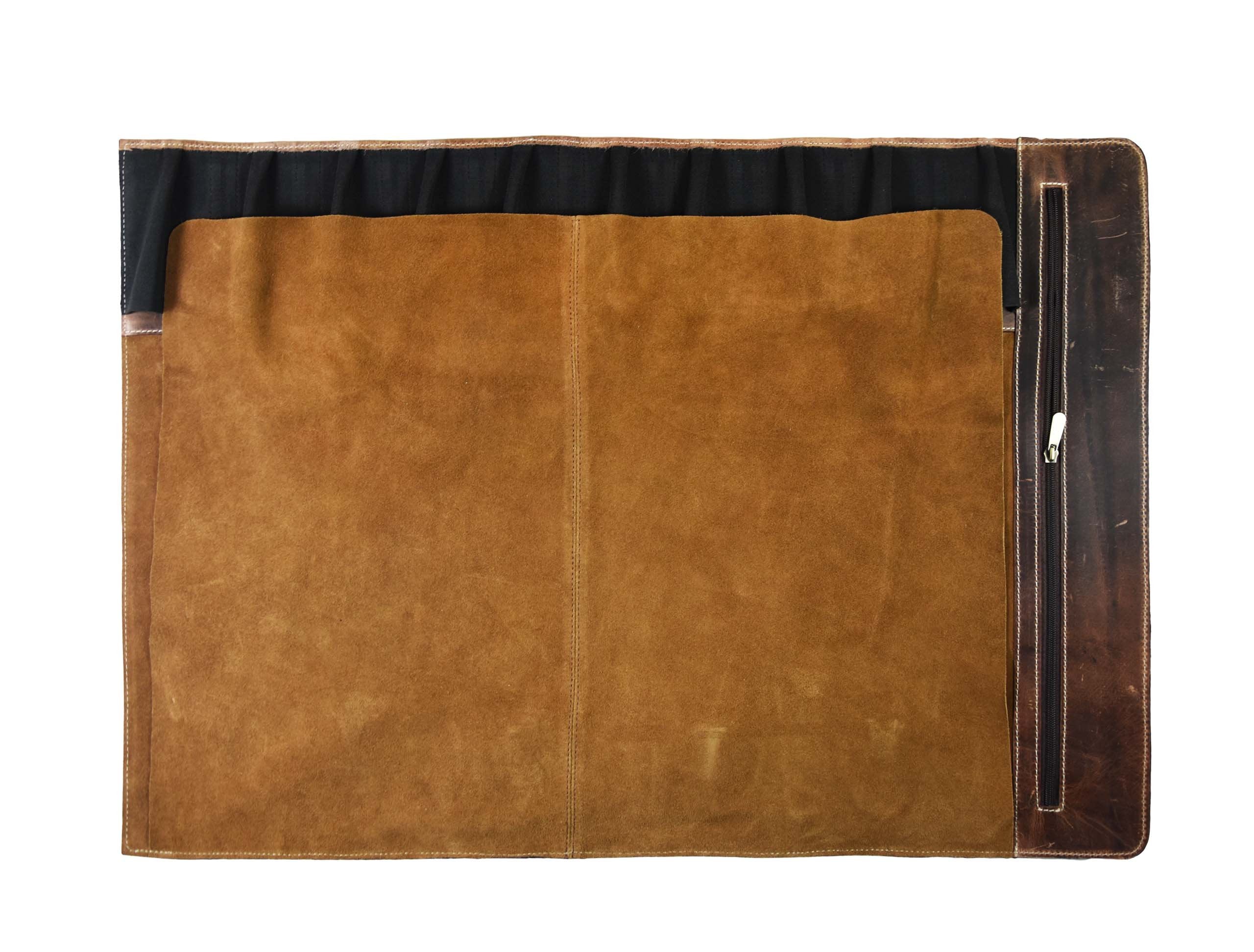 Aaron Leather Knife Roll shows stretchable pockets and a durable zipper pouch for mobility.