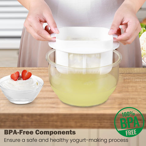 Aastrogleam yogurt strainer lid keeping yogurt clean during chilling.