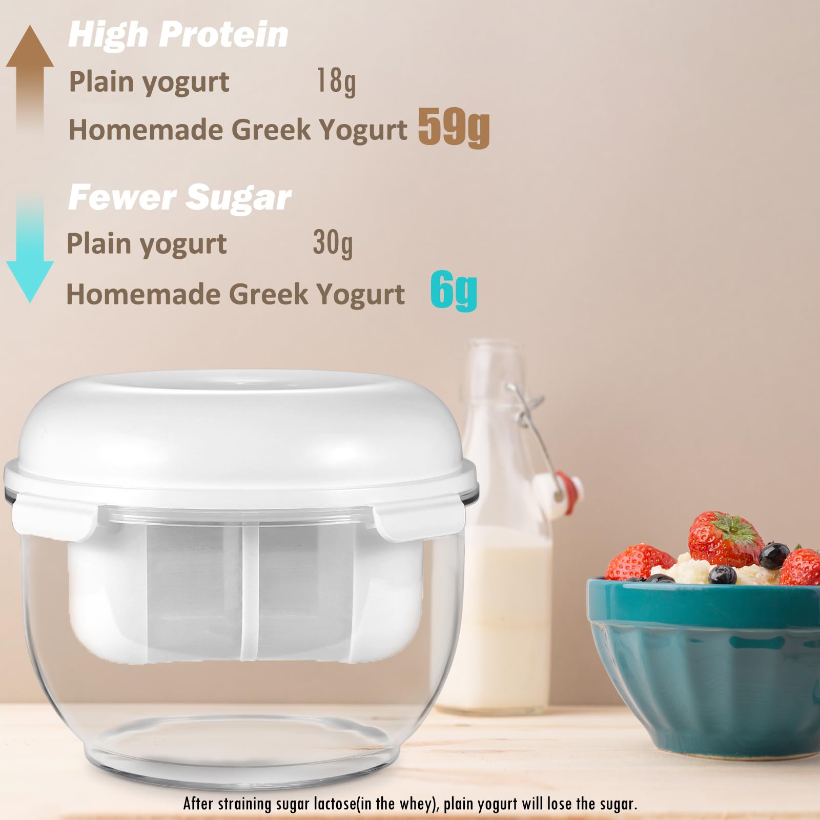 Aastrogleam Greek Yogurt Strainer fits in the refrigerator for easy chilling.