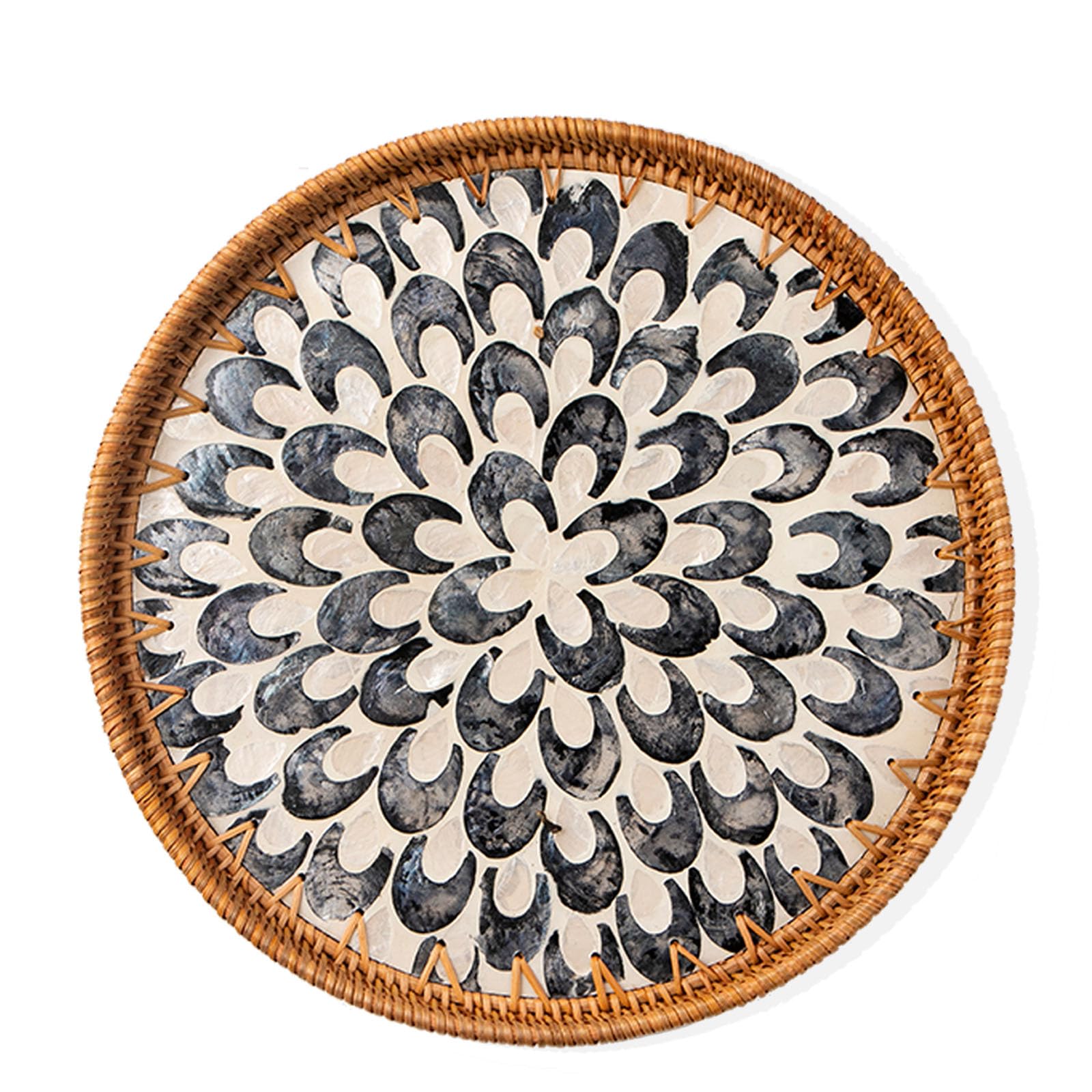 Aayoruro round rattan tray with mother of pearl inlay for an elegant dining display.